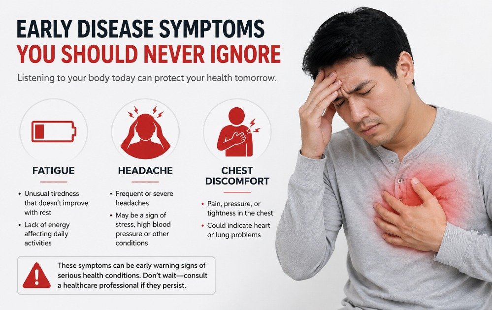 Person experiencing fatigue, headache, and chest discomfort showing early disease warning signs