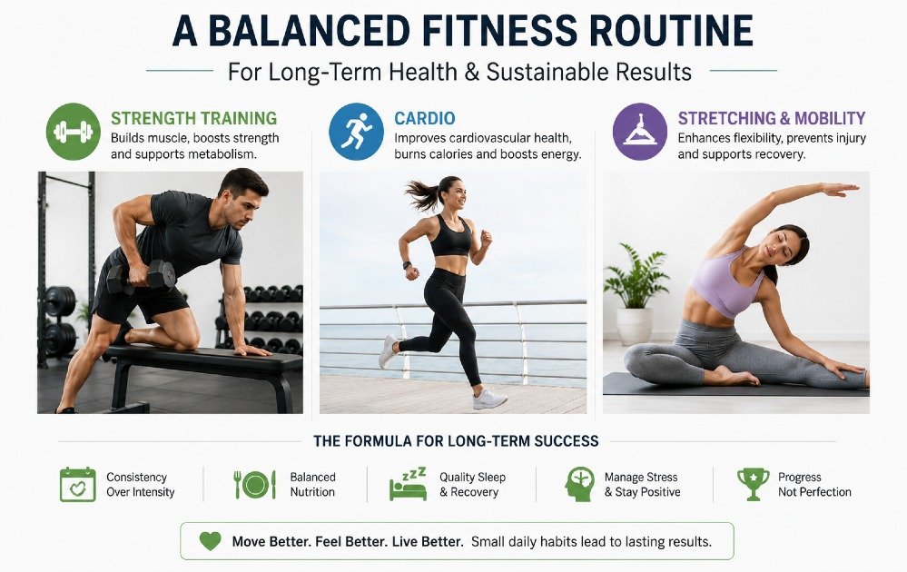 Person following a balanced fitness routine with strength training, cardio, and stretching to support long-term health and sustainable results.