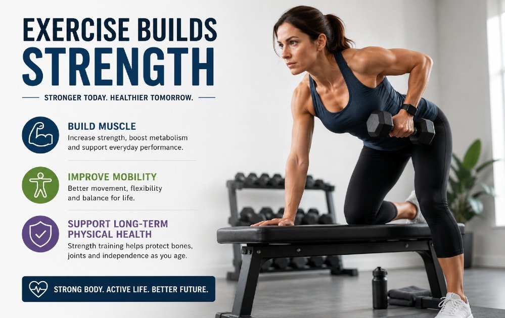 Person performing a strength-training exercise to build muscle, improve mobility, and support long-term physical health.