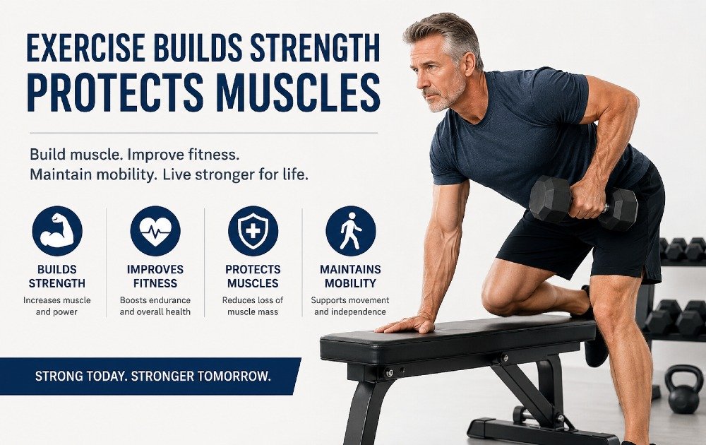 Person performing strength training exercises to build muscle, improve physical fitness, and maintain long-term mobility.