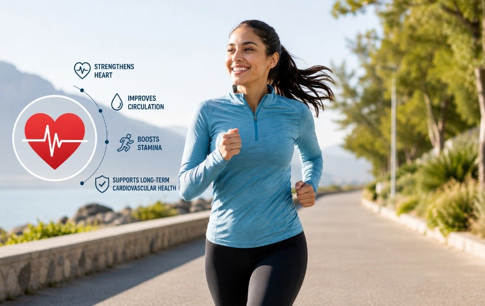 Person exercising outdoors to strengthen the heart, improve circulation, and support long-term cardiovascular health.