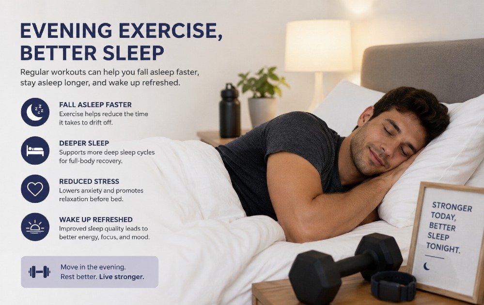 Person doing a light evening workout before bed to improve sleep quality and relaxation.