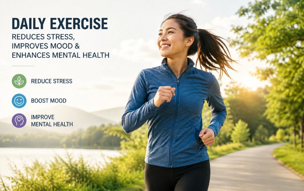 Person exercising outdoors to reduce stress, boost mood, and improve overall mental health.