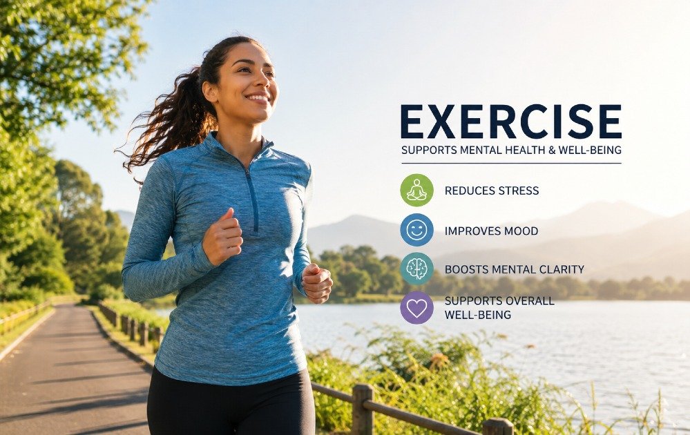 Person exercising outdoors to reduce stress, improve mood, and support overall mental health