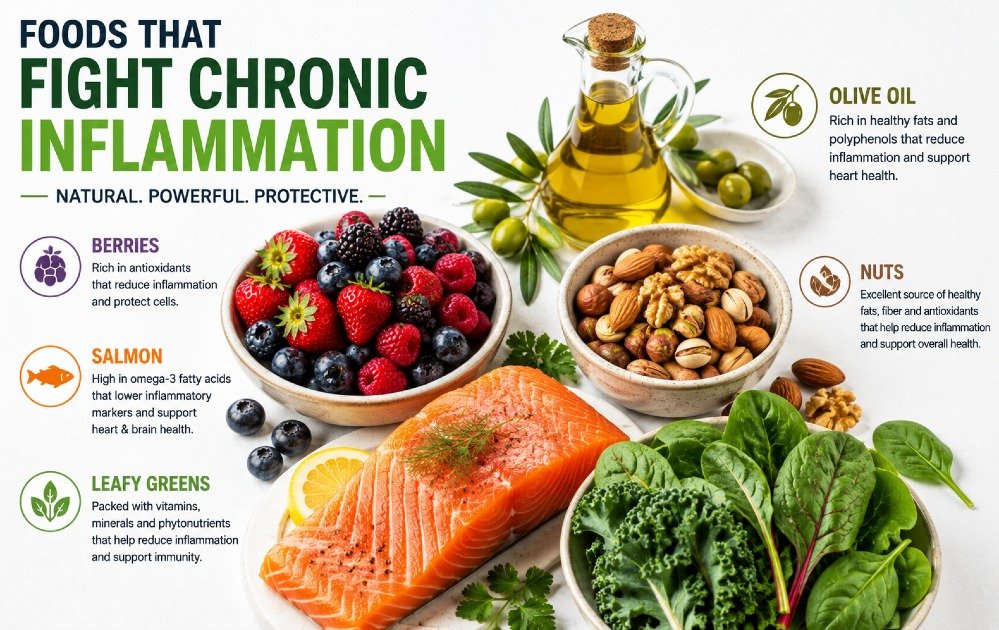 Foods that fight chronic inflammation including berries, salmon, leafy greens, nuts, and olive oil
