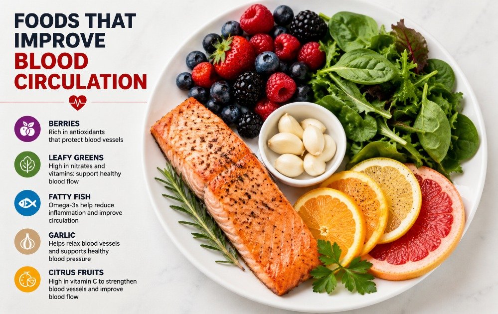 Foods that improve blood circulation, including berries, leafy greens, fatty fish, garlic, and citrus fruits on a healthy plate