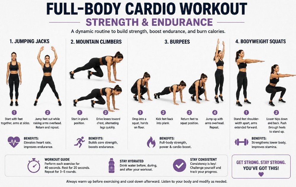 Full-body cardio workout demonstrating strength and endurance exercises including jumping jacks, mountain climbers, burpees, and bodyweight squats in a fitness setting.