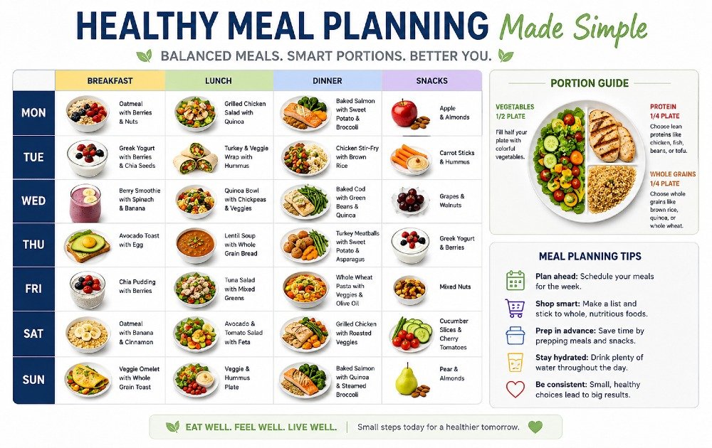Simple healthy meal planning layout with balanced foods organized for weekly nutrition and portion control.