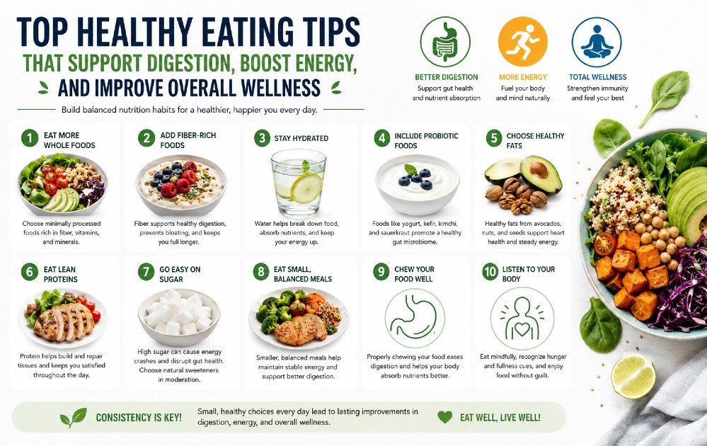 Top healthy eating tips that support digestion, boost energy, and improve overall wellness through balanced nutrition habits