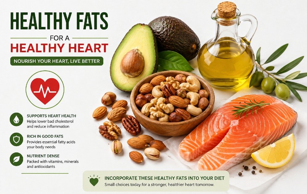 Healthy fats sources including avocados, nuts, olive oil, and salmon supporting heart health