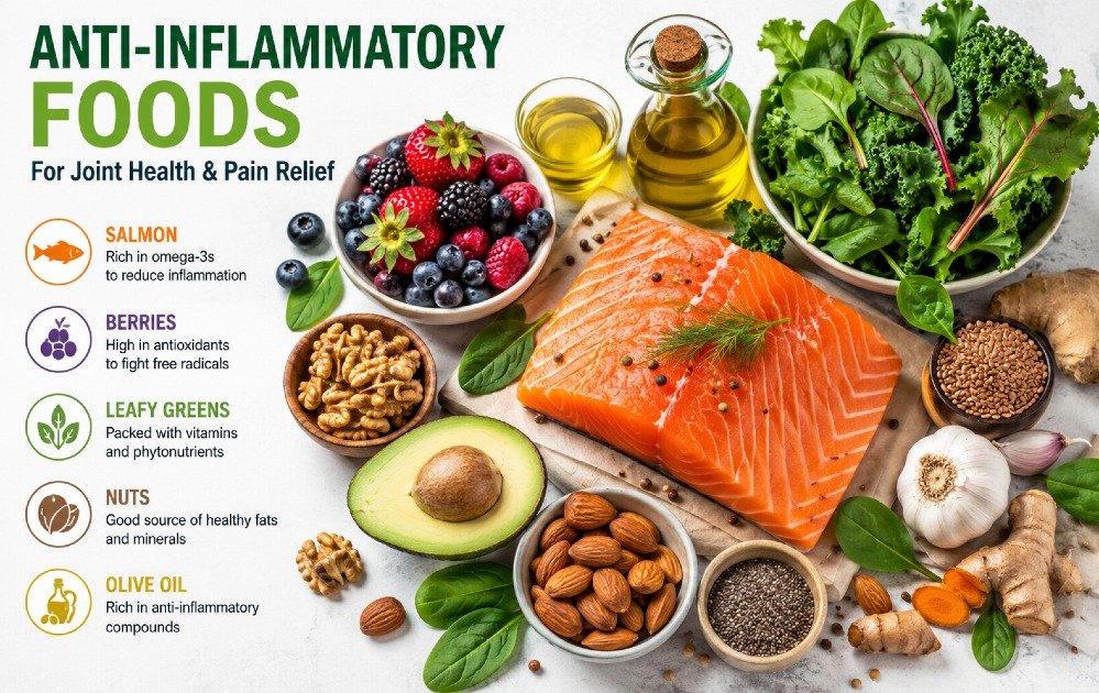 Colorful anti-inflammatory foods including salmon, berries, leafy greens, nuts, and olive oil for joint health and pain relief