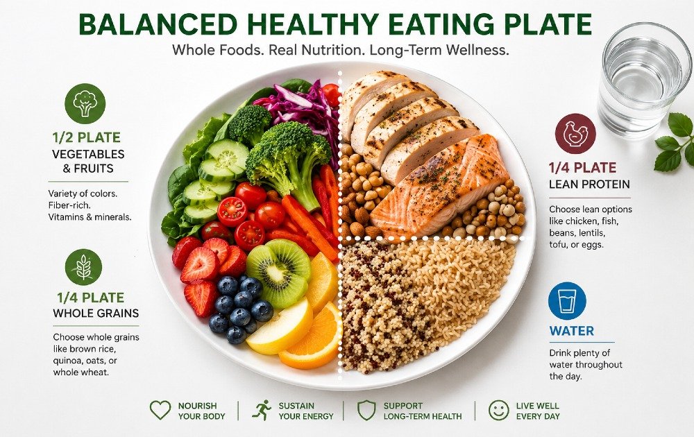 Balanced healthy eating plate showing whole foods, fruits, vegetables, and lean protein for long-term wellness.