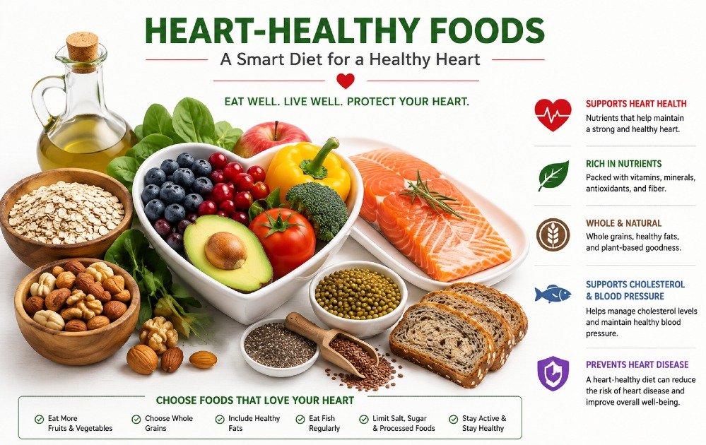 Heart-healthy foods including fruits, vegetables, whole grains, and fish supporting heart disease prevention diet