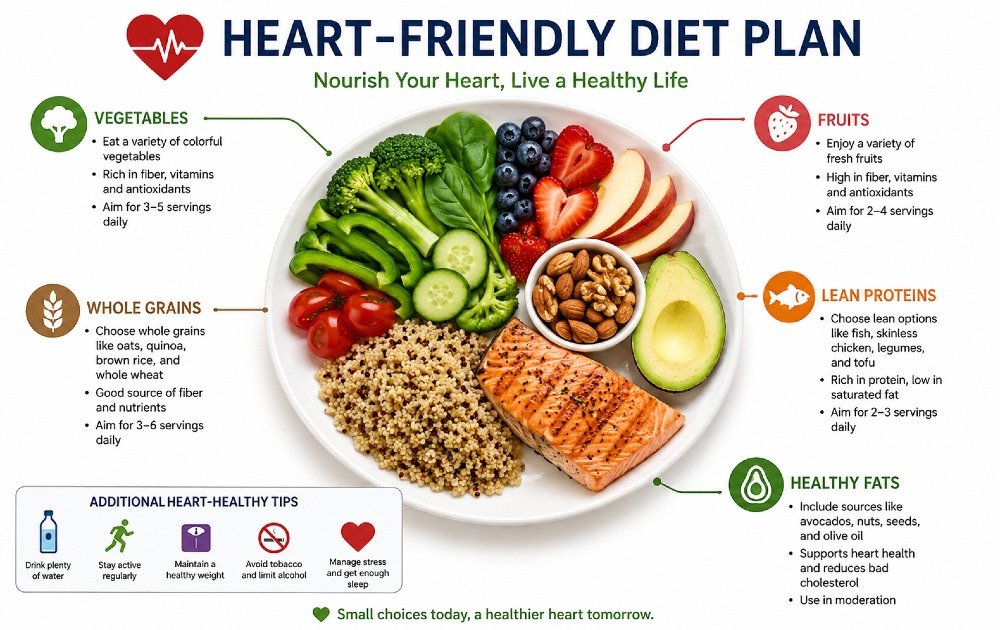 Balanced heart-friendly diet plan featuring fruits, vegetables, whole grains, lean proteins, and healthy fats for cardiovascular health.