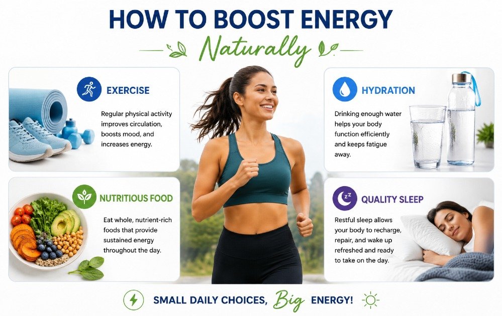 Person practicing healthy habits to boost energy naturally through exercise, hydration, nutritious food, and quality sleep.