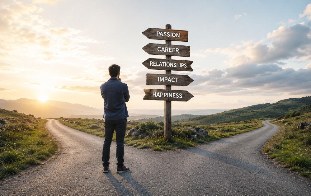 A person standing at a crossroads reflecting on life direction and purpose.