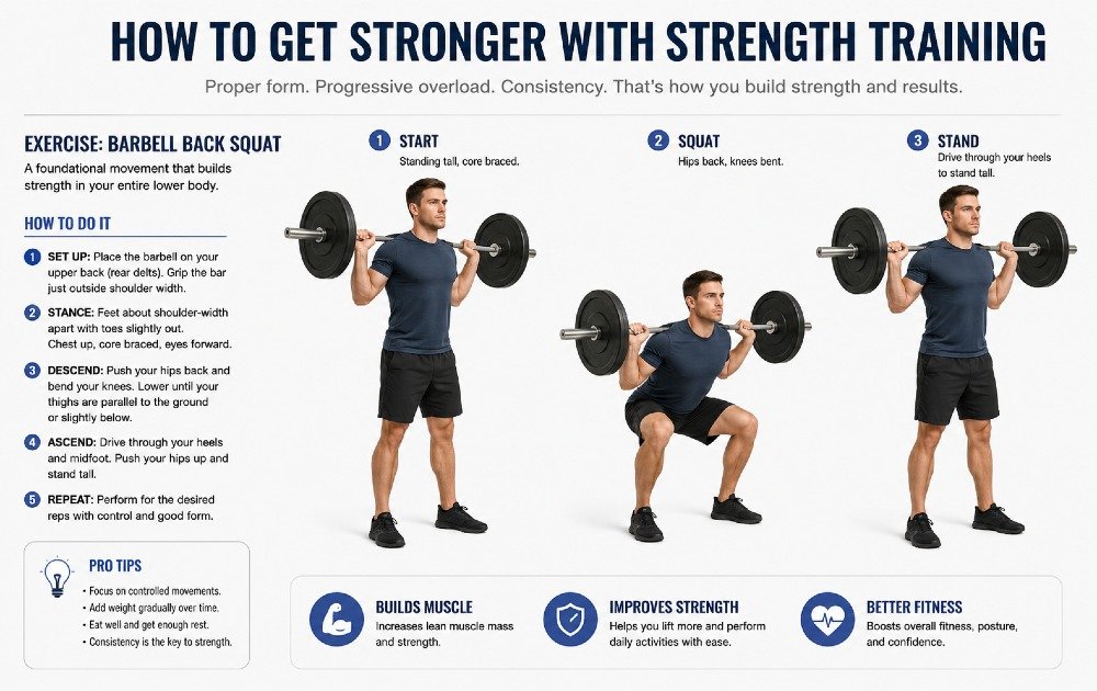 Person performing a strength training exercise with proper form to build muscle, increase strength, and improve overall fitness.