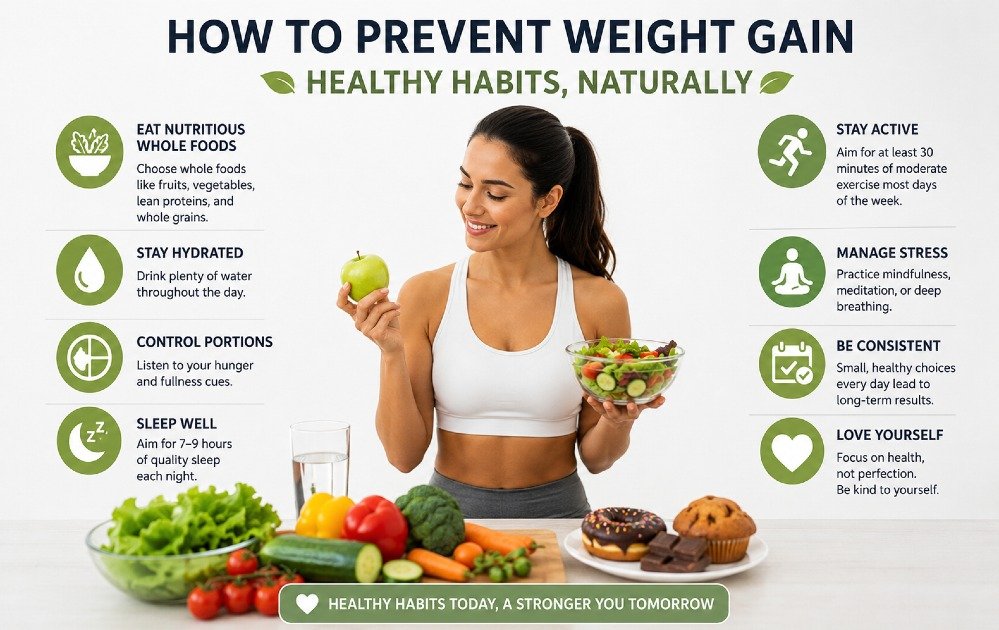 Healthy woman choosing nutritious foods and staying active to prevent weight gain naturally