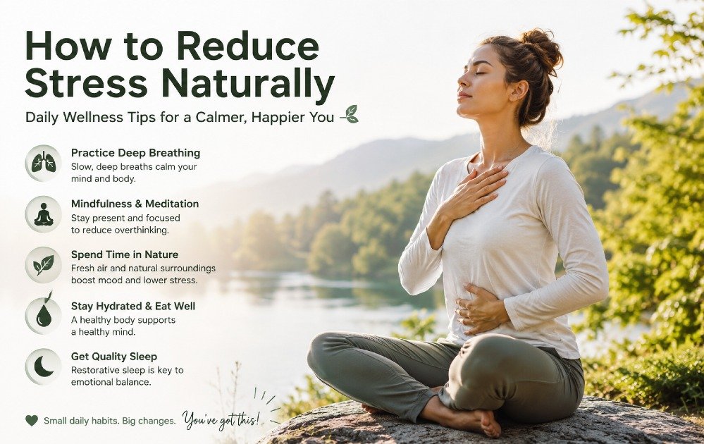 Person practicing deep breathing and mindfulness outdoors to reduce stress naturally and improve mental well-being.