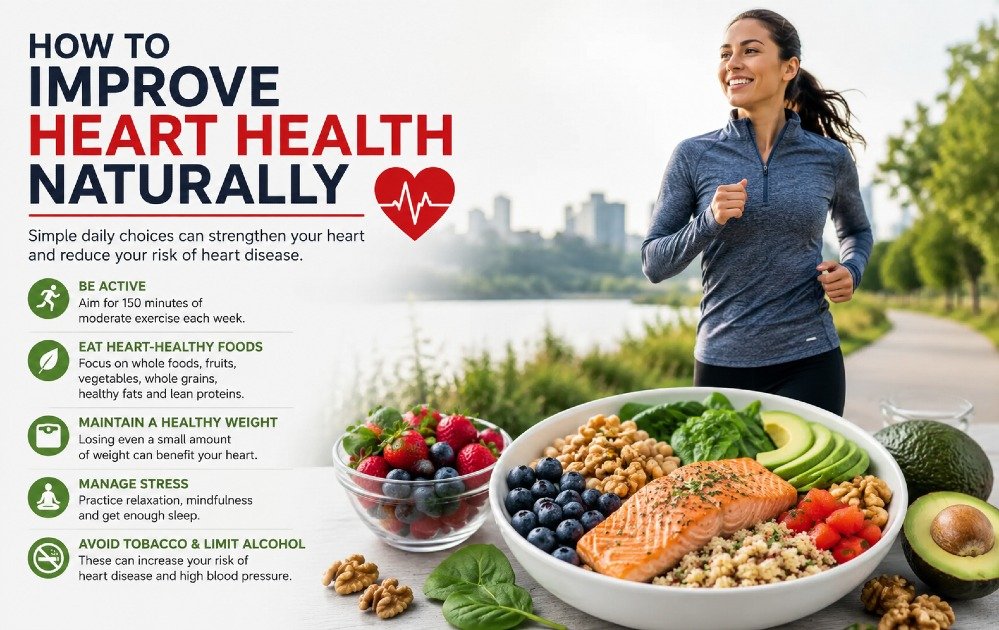 Person exercising outdoors and eating heart-healthy foods to support cardiovascular health and reduce heart disease risk.