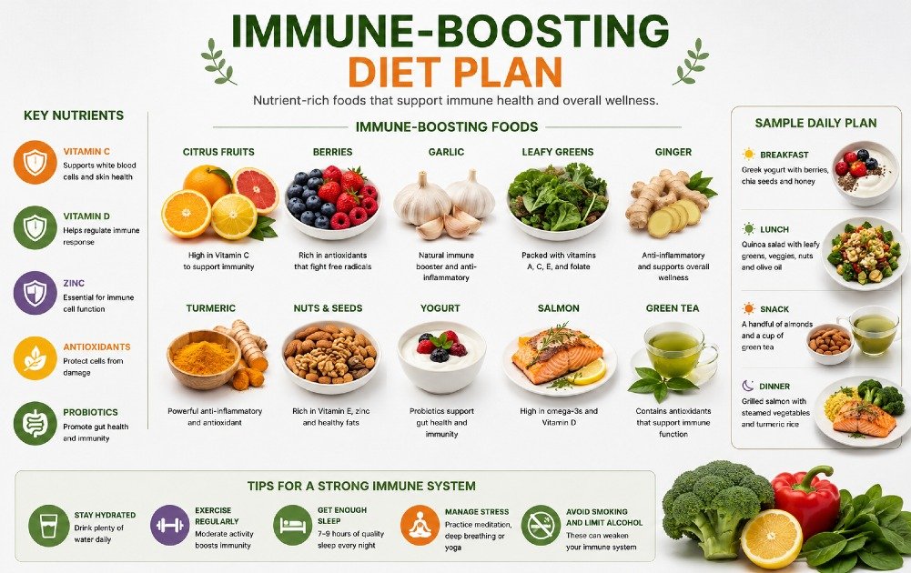 Immune-boosting diet plan featuring nutrient-rich foods that support immune health and overall wellness.