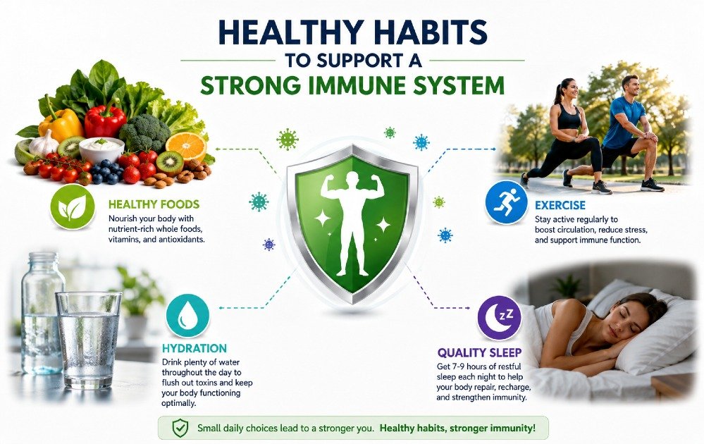 Healthy foods, exercise, hydration, and quality sleep supporting a strong immune system.