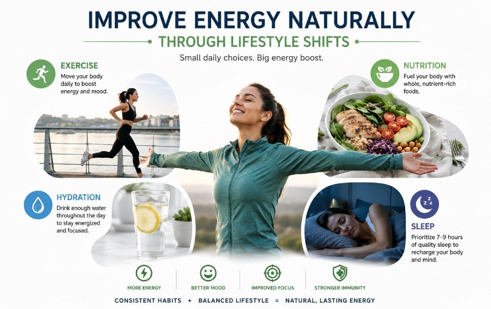 Person practicing healthy lifestyle habits to boost energy naturally through exercise, nutrition, hydration, and quality sleep.