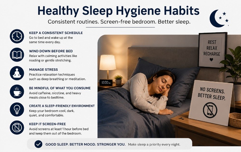 Person following healthy sleep hygiene habits, including a consistent bedtime routine and a screen-free bedroom to reduce insomnia and improve sleep quality.