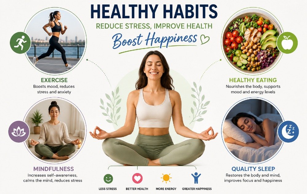 Person practicing healthy lifestyle habits including exercise, mindfulness, healthy eating, and quality sleep to reduce stress and improve happiness.