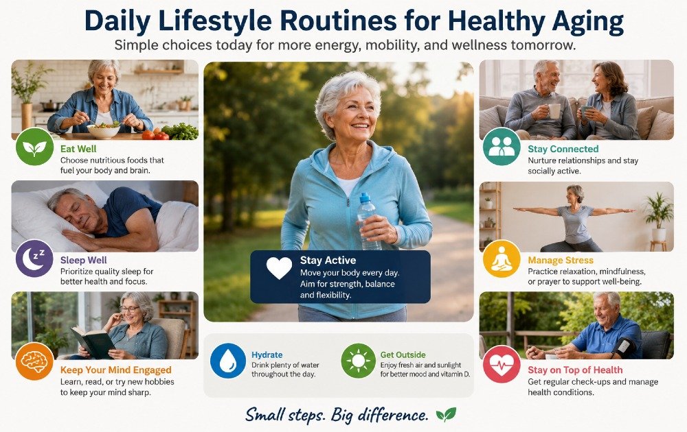 Healthy older adult following daily lifestyle routines that support healthy aging, energy, mobility, and overall wellness