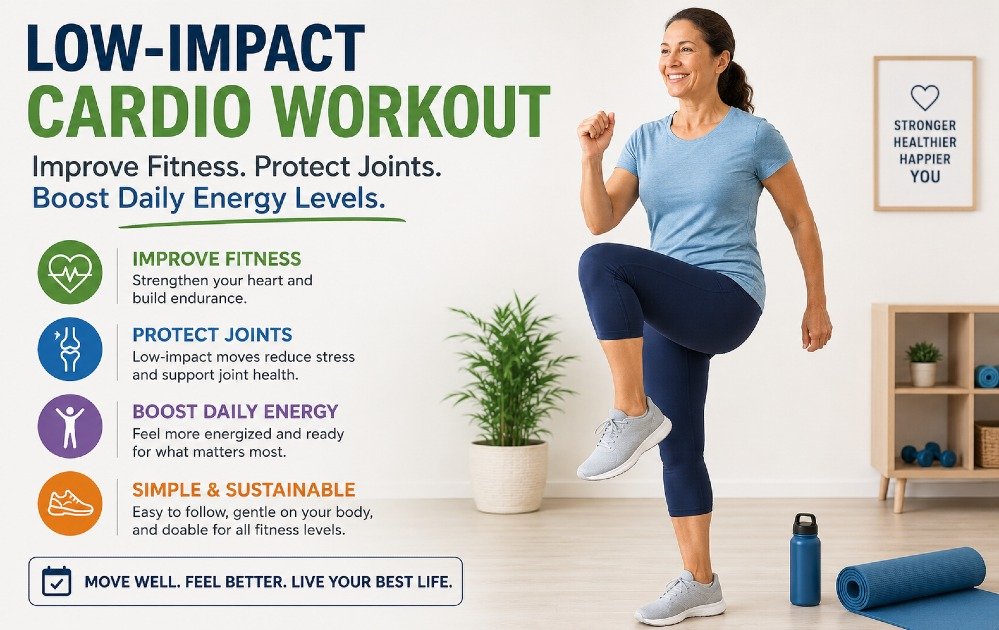Adult performing a low-impact cardio workout to improve fitness, protect joints, and boost daily energy levels.