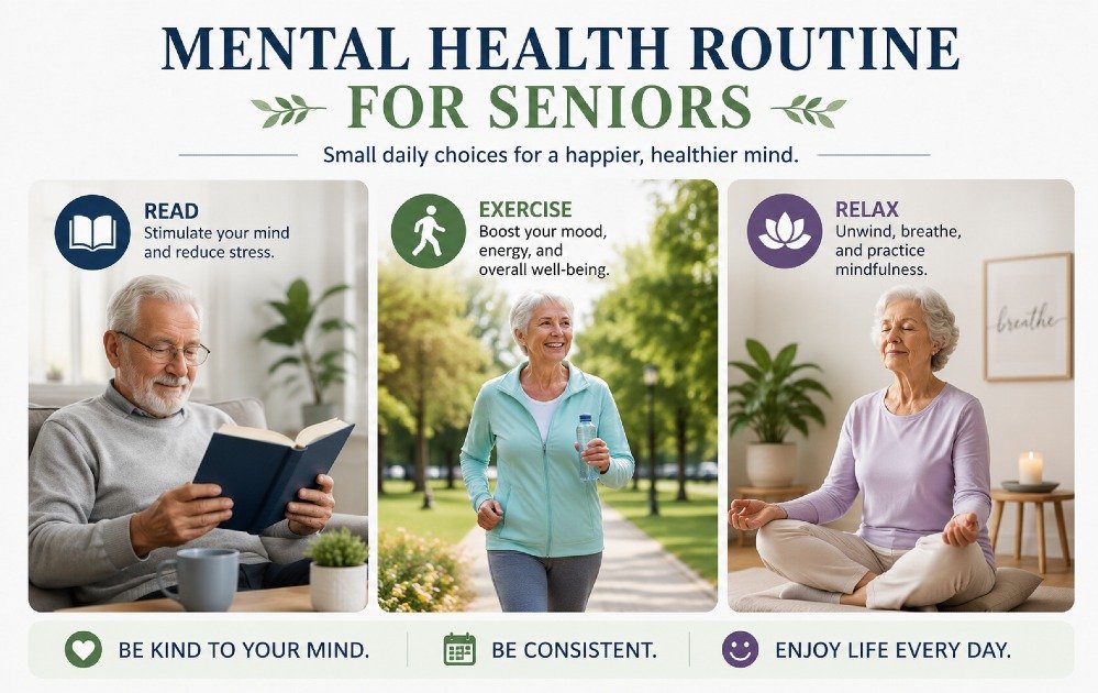 Senior following a daily mental health routine with reading, exercise, and relaxation activities