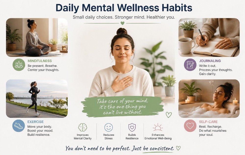 Person practicing daily mental wellness habits such as mindfulness, journaling, exercise, and self-care to support emotional health and resilience.