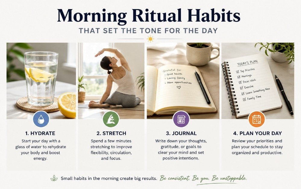 Healthy morning ritual habits including hydration, stretching, journaling, and planning for a productive day