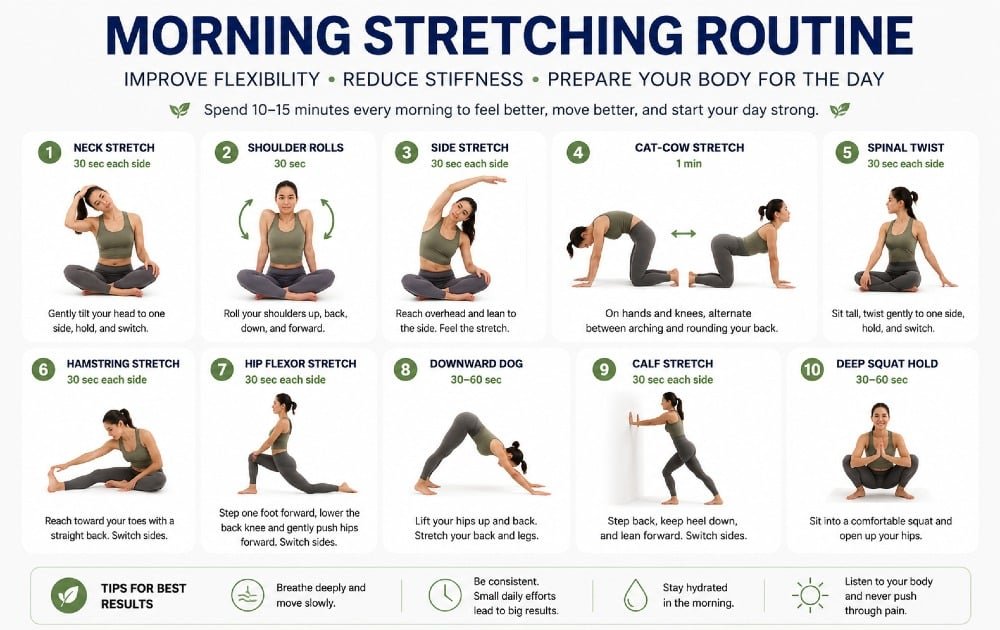 Morning stretching routine to improve flexibility, reduce stiffness, and prepare the body for the day