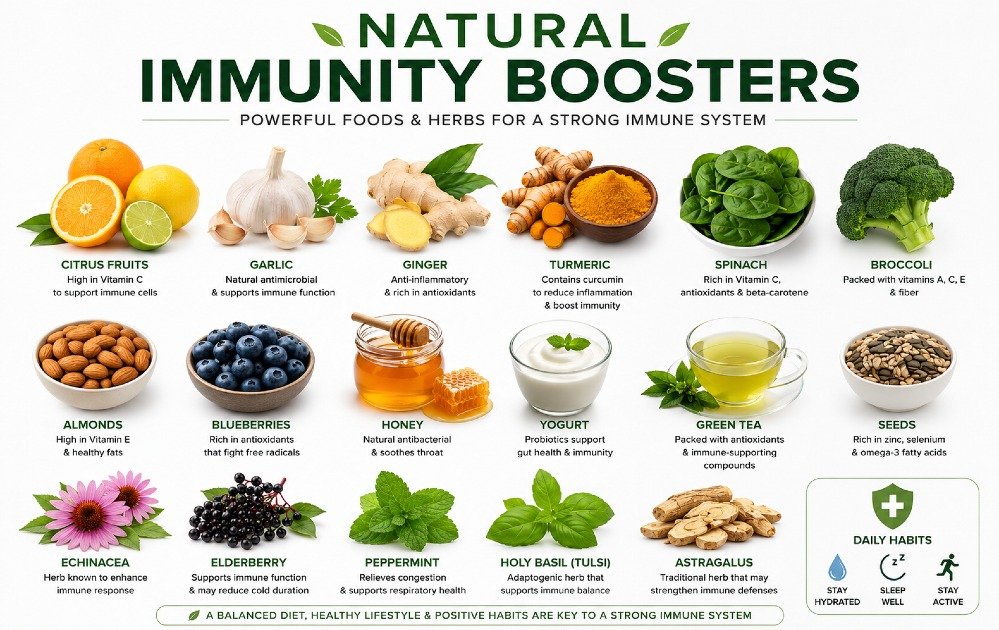 Natural immunity boosters including fruits, vegetables, herbs, and healthy foods that support a strong immune system