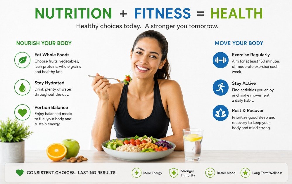 Healthy adult enjoying a balanced meal and regular exercise to support energy, fitness, and overall wellness.