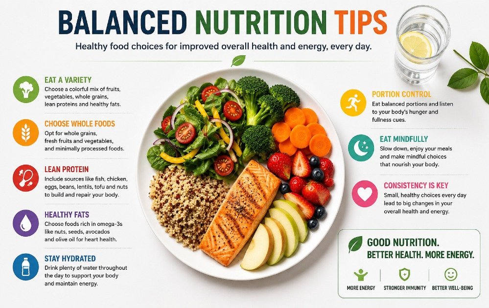 Balanced nutrition tips highlighting healthy food choices for improved overall health and energy.