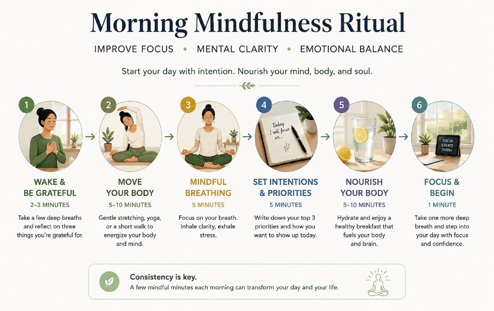 Text: Morning mindfulness ritual to improve focus, mental clarity, and emotional balance.