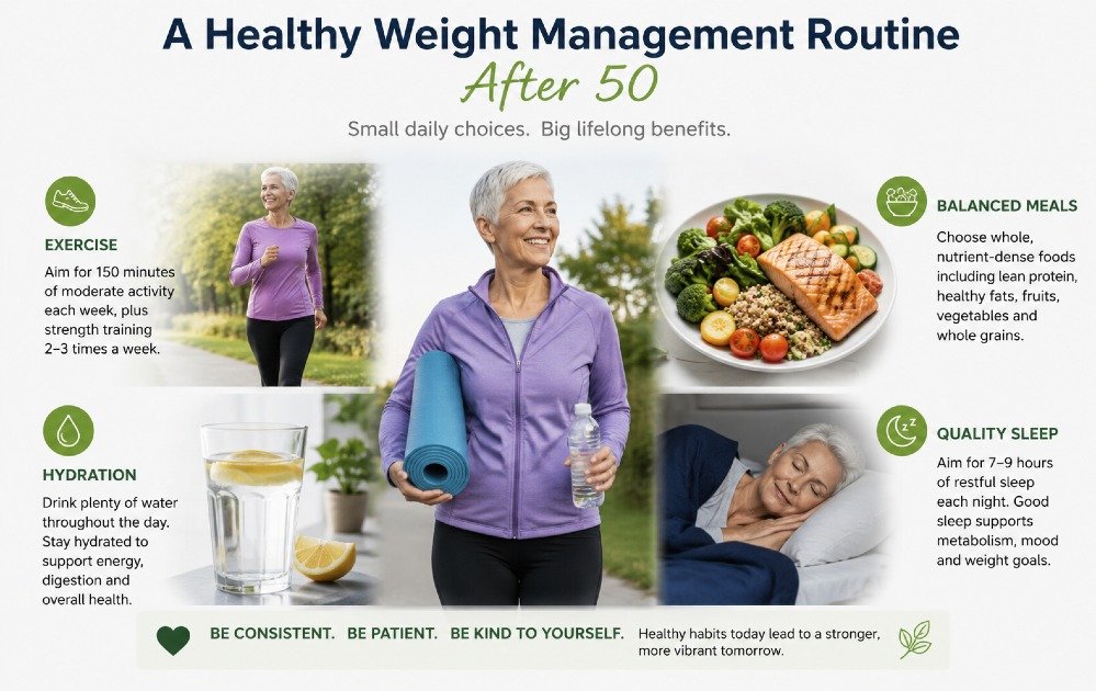 Adult over 50 following a healthy weight management routine with exercise, balanced meals, hydration, and quality sleep