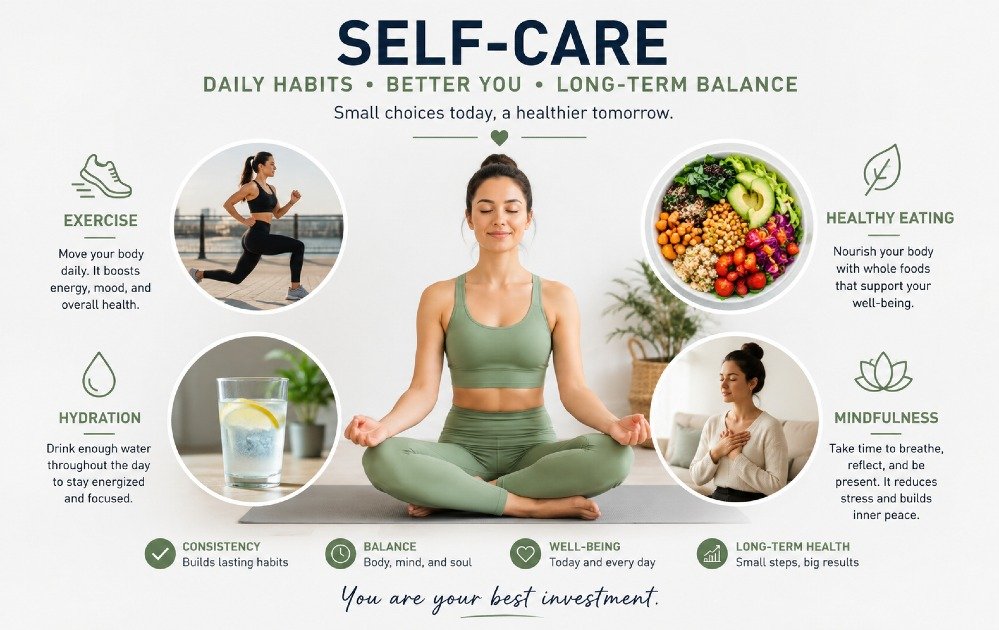 Person practicing daily self-care habits, including exercise, healthy eating, hydration, and mindfulness for long-term balance and well-being.