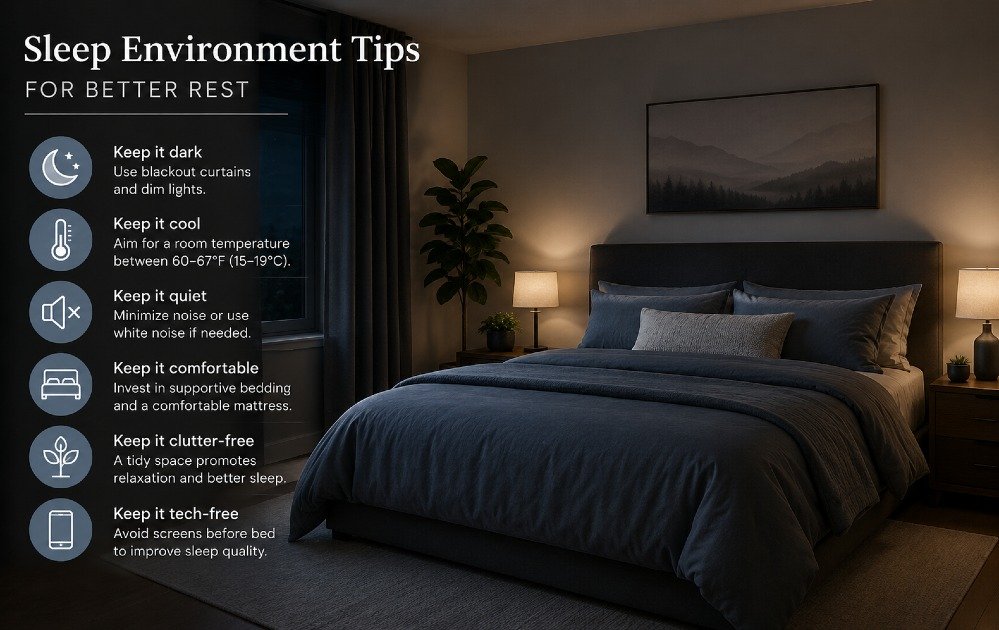 Calm, dark bedroom with comfortable bedding, soft lighting, and a clutter-free space designed to support deeper, more restful sleep.