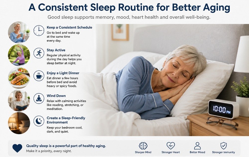 Healthy older adult following a consistent sleep routine to support healthy aging and overall wellness