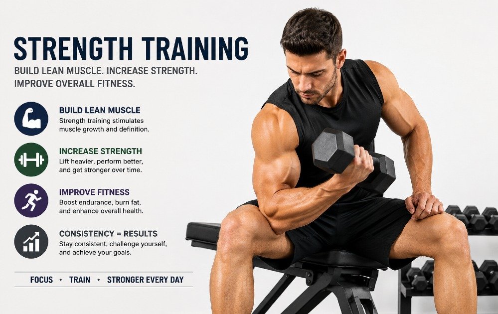 Person performing strength training with weights to build lean muscle, increase strength, and improve overall fitness.
