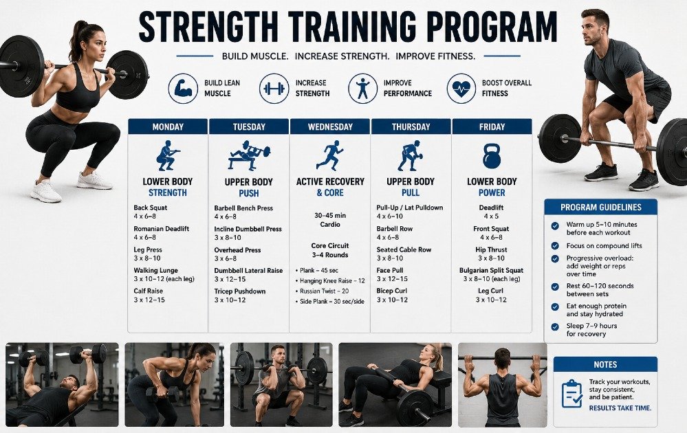 Men and women performing a structured strength training workout to build muscle, increase strength, and improve overall fitness.