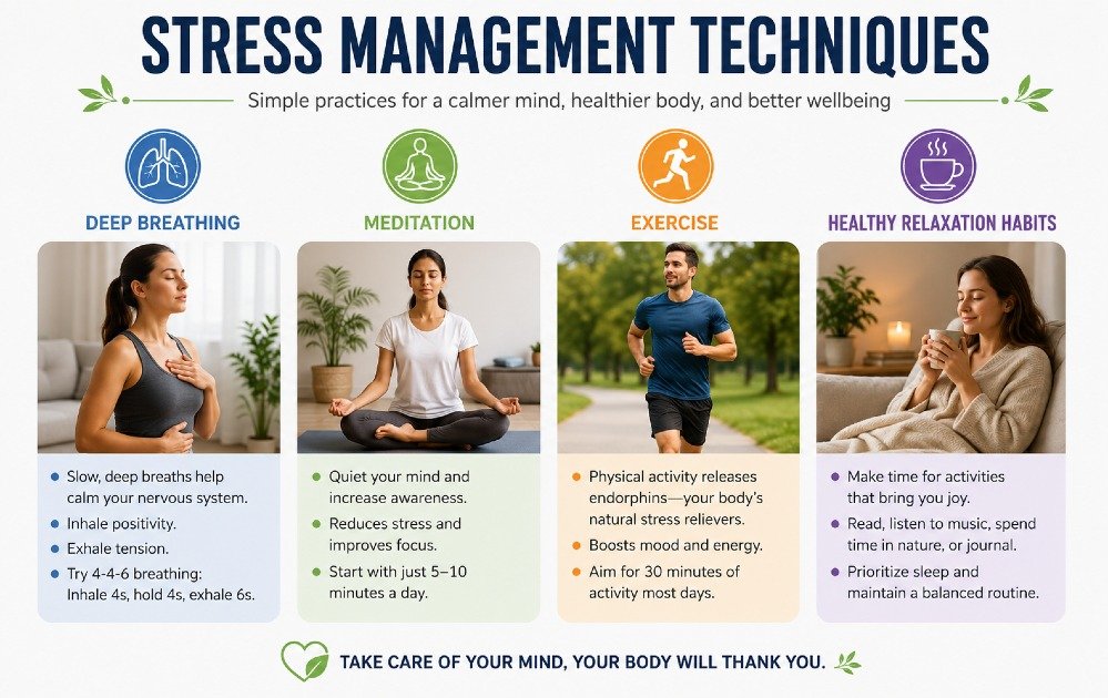 Stress management techniques including deep breathing, meditation, exercise, and healthy relaxation habits