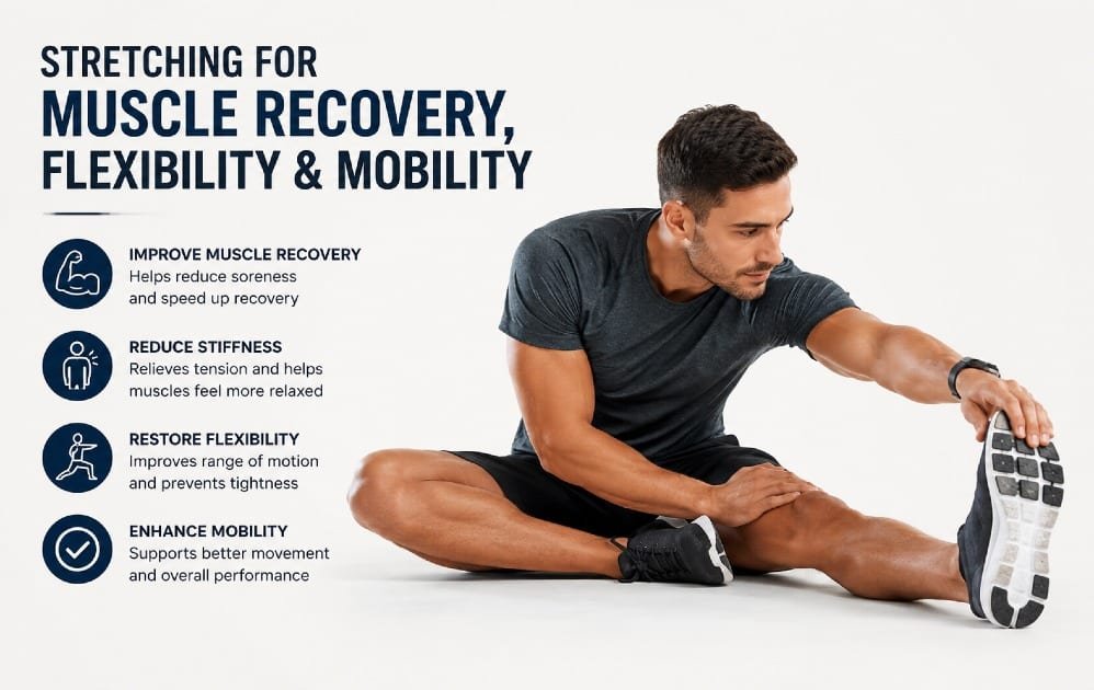 Person performing post-workout stretching to improve muscle recovery, reduce stiffness, and restore flexibility