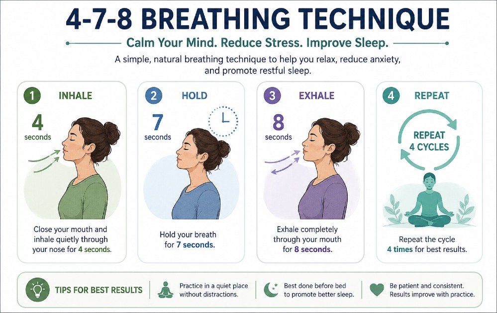 4-7-8 breathing technique step-by-step guide showing calm breathing pattern for stress relief and relaxation.