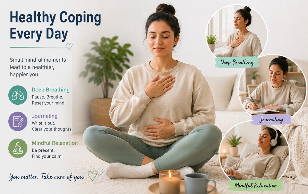 Person practicing healthy coping strategies such as deep breathing, journaling, and mindful relaxation for everyday mental wellness.