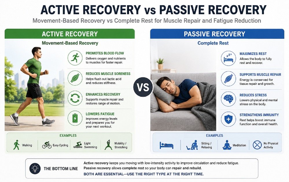 Comparison of active recovery and passive recovery showing movement-based recovery versus complete rest for muscle repair and fatigue reduction.